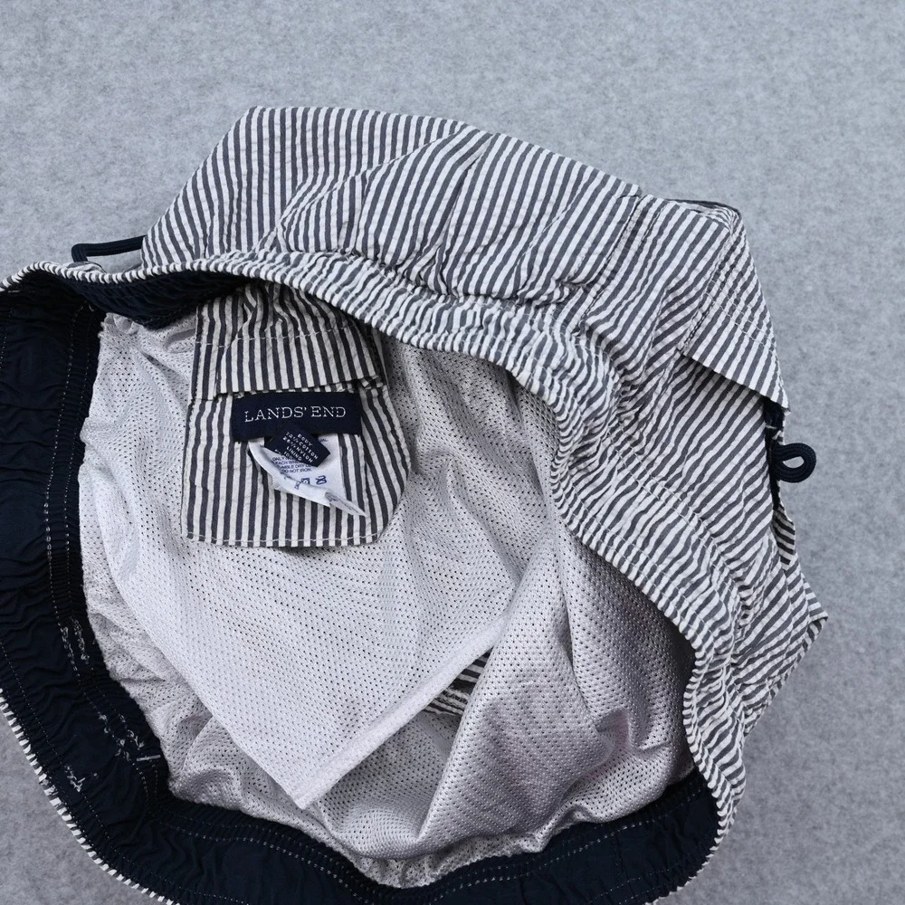 Lands End Mens Blue White Seersucker Striped Swim Trunks Size L 36-38 Mesh Lined